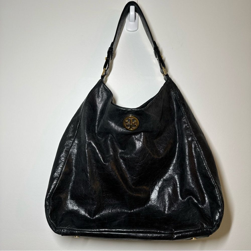 TORY BURCH Dena Black Glazed Distressed Leather Hobo Shoulder Bag